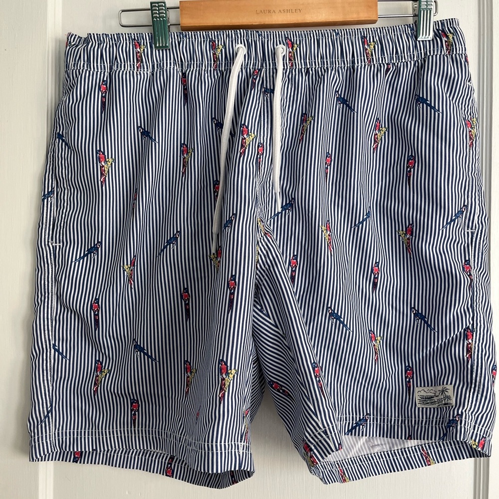 Izod Blue and White Striped Swim Trunks with Nautical Print